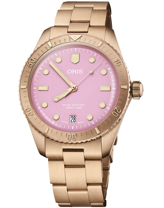 Oris Oris Divers Sixty‑Five 'Cotton Candy' 01 733 7771 3158-07 8 19 15  01 733 7771 3158-07 8 19 15 механические женские часы розовый циферблат, браслет бронза — вид спереди